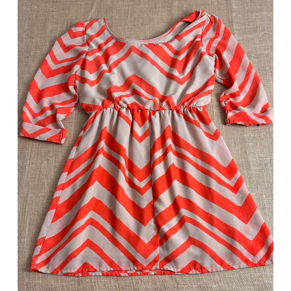 Festival Bongo Orange Tan Boho Chevron Mini Dress Mod 3/4 Sleeve Size Large